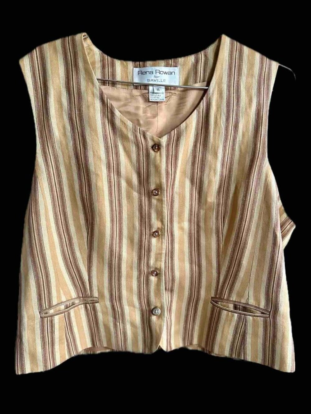 Vintage Rena Rowan Saville Vest Linen Lined XL 16 Like New Striped TanBrown - Picture 4 of 16